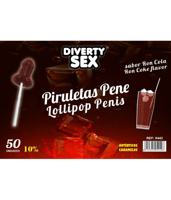 DIABLO GOLOSO – 50 PENIS-LOLLIPOPS RON-COLA-GESCHMACK 10 % ALKOHOL