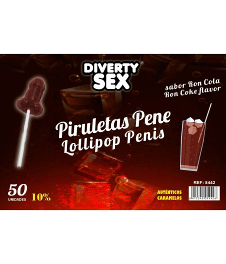 DIABLO GOLOSO – 50 PENIS-LOLLIPOPS RON-COLA-GESCHMACK 10 % ALKOHOL
