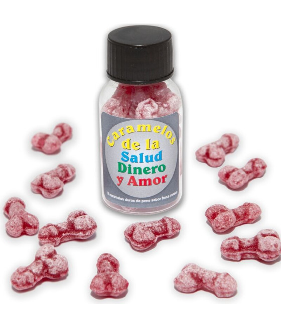 DIABLO PICANTE - 12 CARAMELLE SALUTE-SOLDI-AMORE A FORMA DI PENE FRAGOLA/CILIEGIA