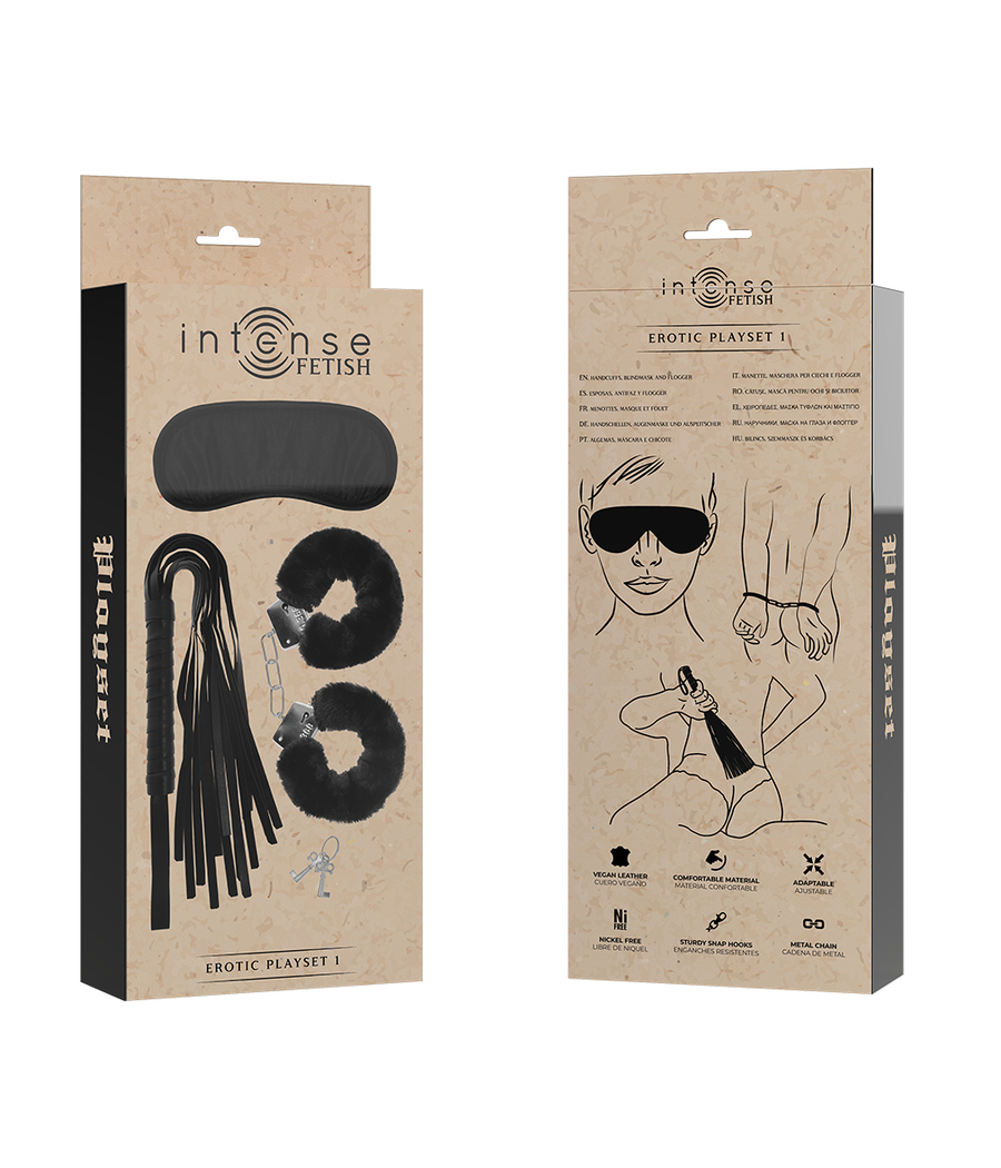 INTENSE - FETISH PLAYSET ÉROTIQUE 1 AVEC MENOTTES, MASQUE AVEUGLE ET FLOGGER