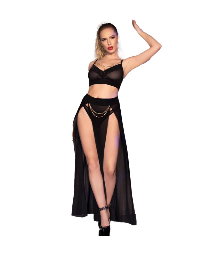 CHILIROSE - CR 4672 JUPE TOP NOIRE ET STRING AVEC CHAÎNES DORÉ XL