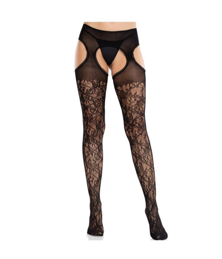 LEG AVENUE - BLUMENSPITZENSTRÜMPFE MIT STRUMPFBÄNDERN UNITED BLACK