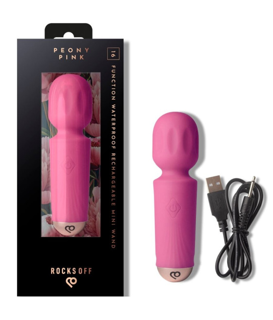 ROCKS-OFF - MINI BAGUETTE RECHARGEABLE 16 FONCTIONS ROSE PIVOINE